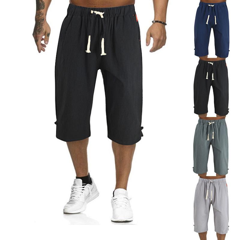 Летние мужские повседневные однотонные шорты из хлопка и льна со шнуровкой на штанинах и пряжкой
