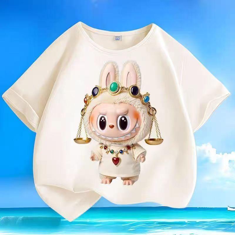 Детские футболки с мультяшным принтом двенадцати созвездий LABUBU, бежевый топ с коротким рукавом для мальчиков и девочек, трендовая одежда, подарок