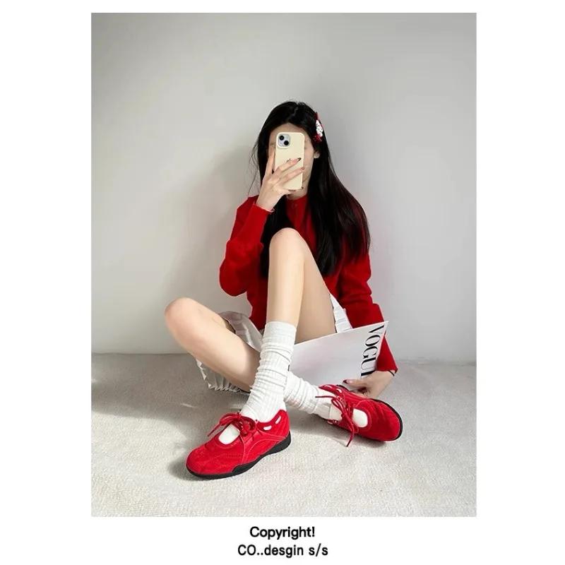 Нишевый дизайн, контрастные кроссовки, женские повседневные туфли Мэри Джейн, круглый носок, плоская подошва, немецкие тренировочные туфли