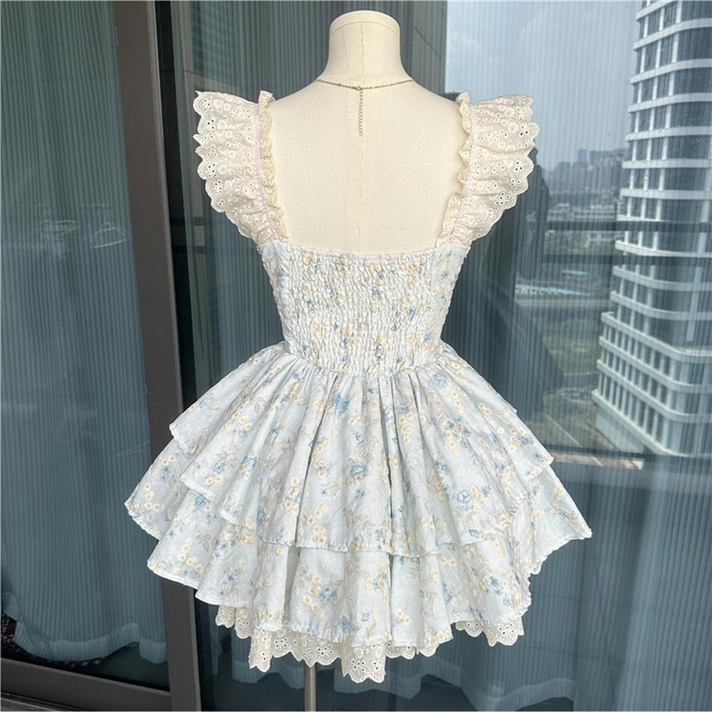 Xiaofei Sleeve Suspender Skirt Women's Summer Sweet Small Fresh Blue Floral Short Cake Skirt Waist Princess Dress