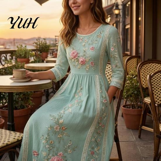 Elegant Daily Wear for Work Dating Autumn Floral Midi Dress Women, Long Sleeve Bohemian A Line Slimming Waist Cinching Dress, Vintage Waist-Cinching