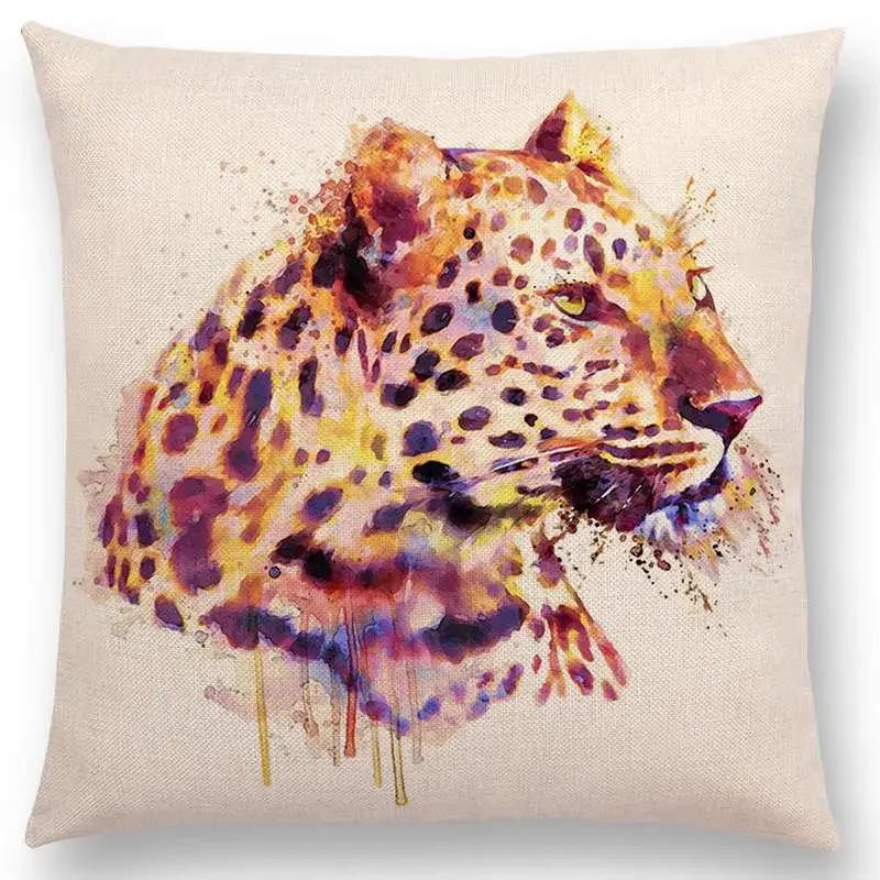 Watercolor Animals Cushion Cover Portrait Head Bighorn Lion Leopard Tiger Bear Eagle Horse Dogs Home Sofa Throw Pillow Case