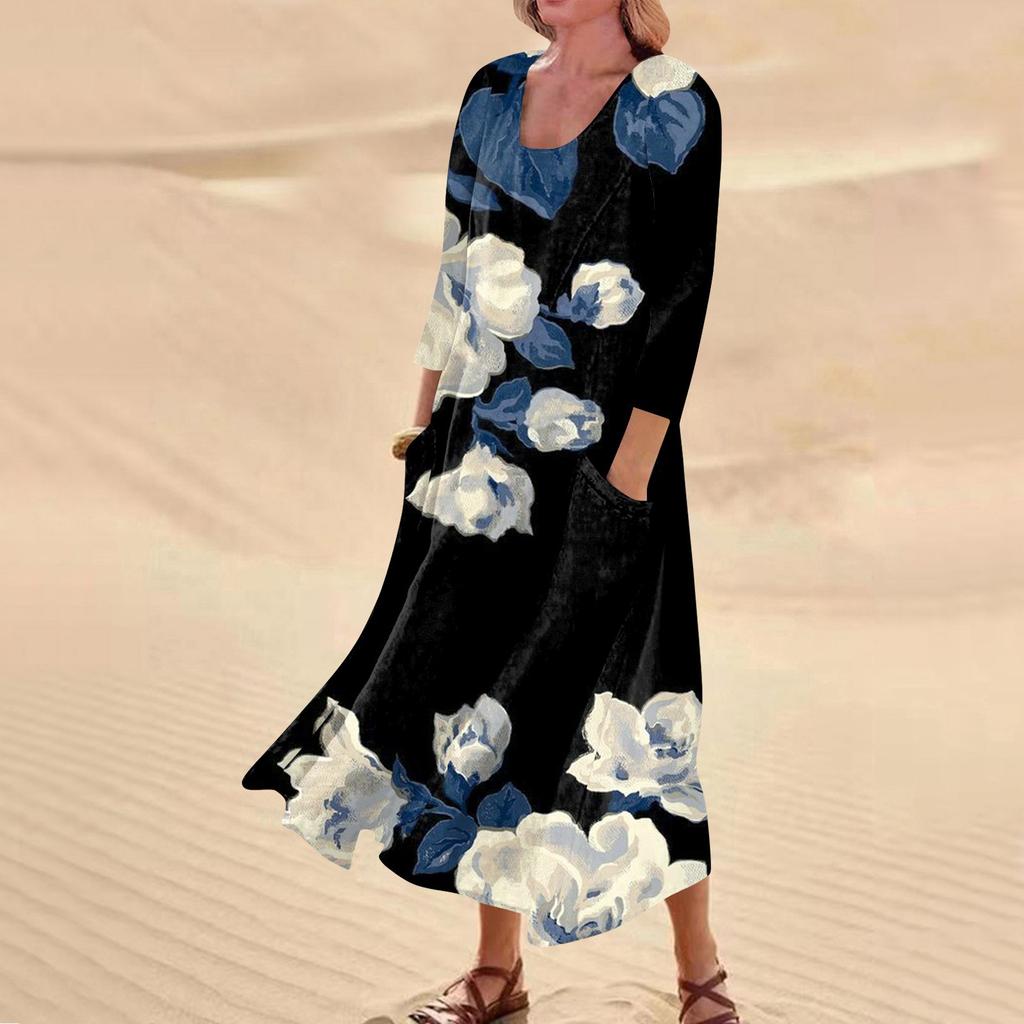 Женское повседневное удобное хлопковое карманное платье с цветочным принтом и рукавами три четверти
