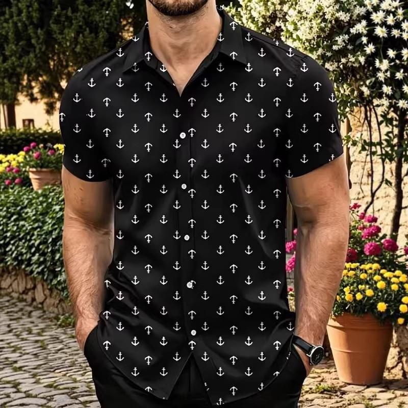 Men Anchor Print Lapel Short Sleeve Button Down Shirt