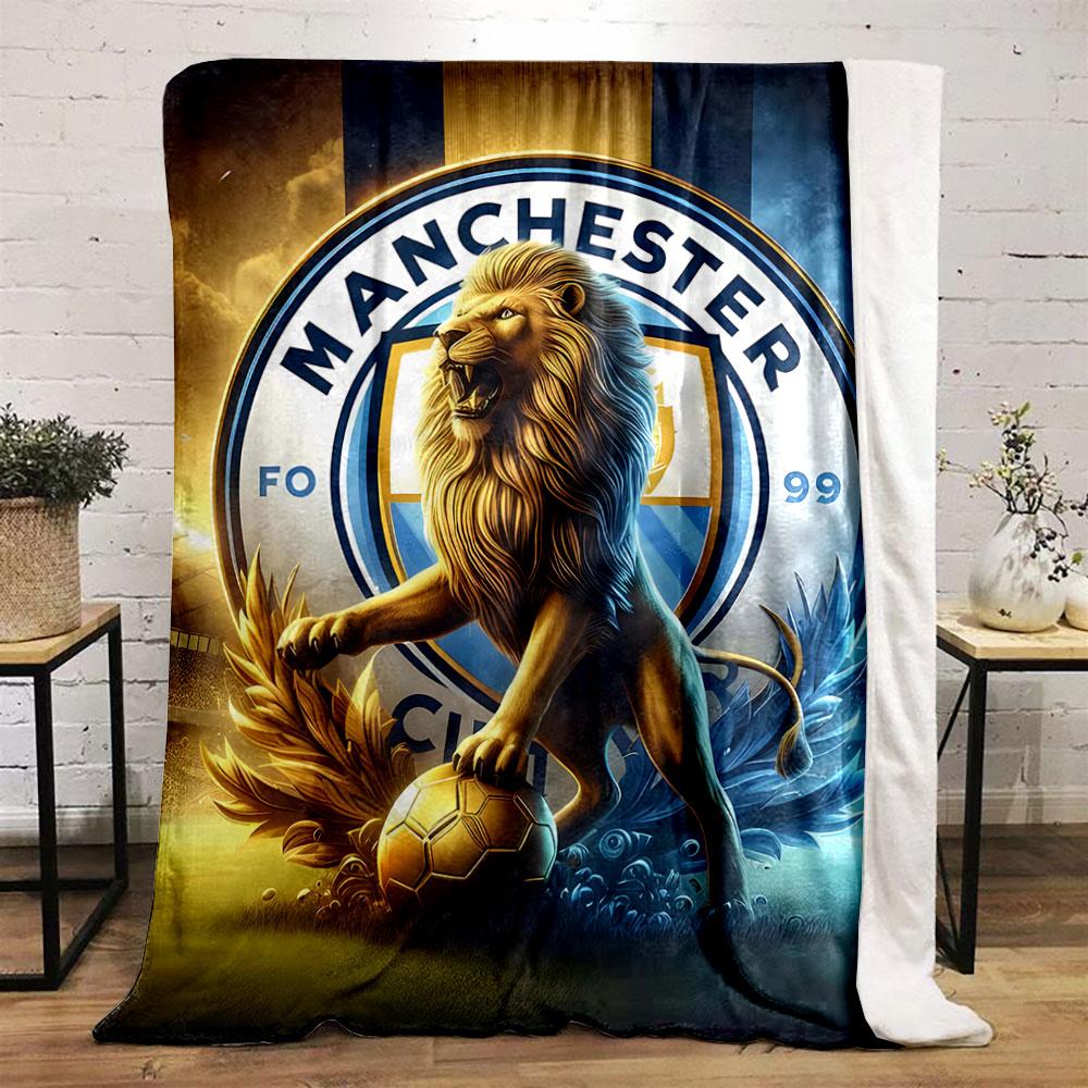 A lion standing on a golden soccer ball with a circular emblem backdrop. for all seasons blanket lunch break throw gift