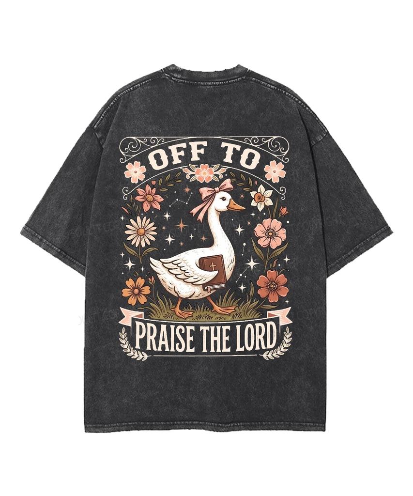 Off To Praise The Lord Duck Holding Bible Floral Graphic Front Back Print Vintage Washed T-shirt Unisex Oversized Tee Casual Top