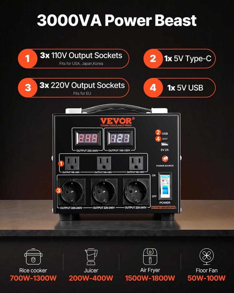 3000VA Voltage Converter Transformer Step Up/Down 220V-110V /110V-220V CE