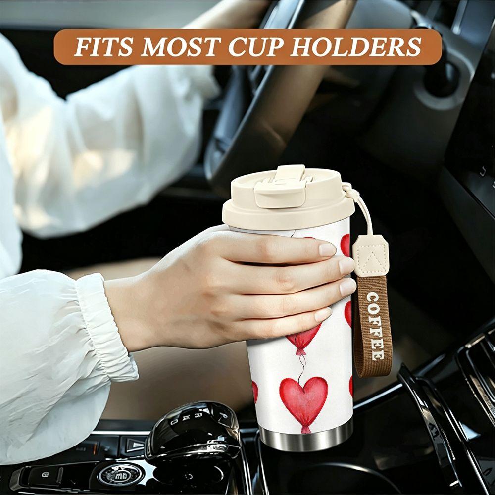 Romantic Red Heart Balloon Print Insulated Coffee Tumbler, Stainless Steel Travel Mug, Leakproof Reusable Cup for Valentine Gift