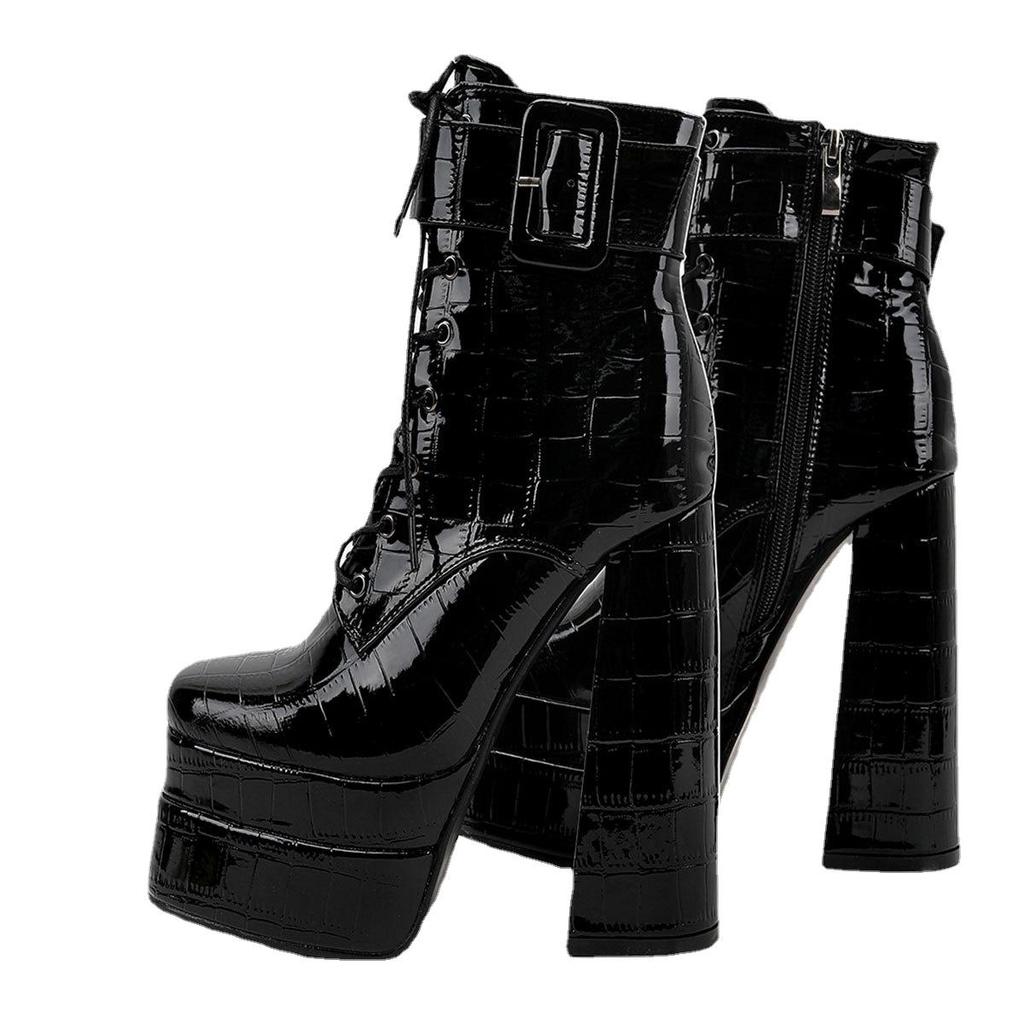 Woman Platform Boots Belt Buckle Mid Calf Boots Cool Super High Heel Boots Thick Heel Zipper Shoes