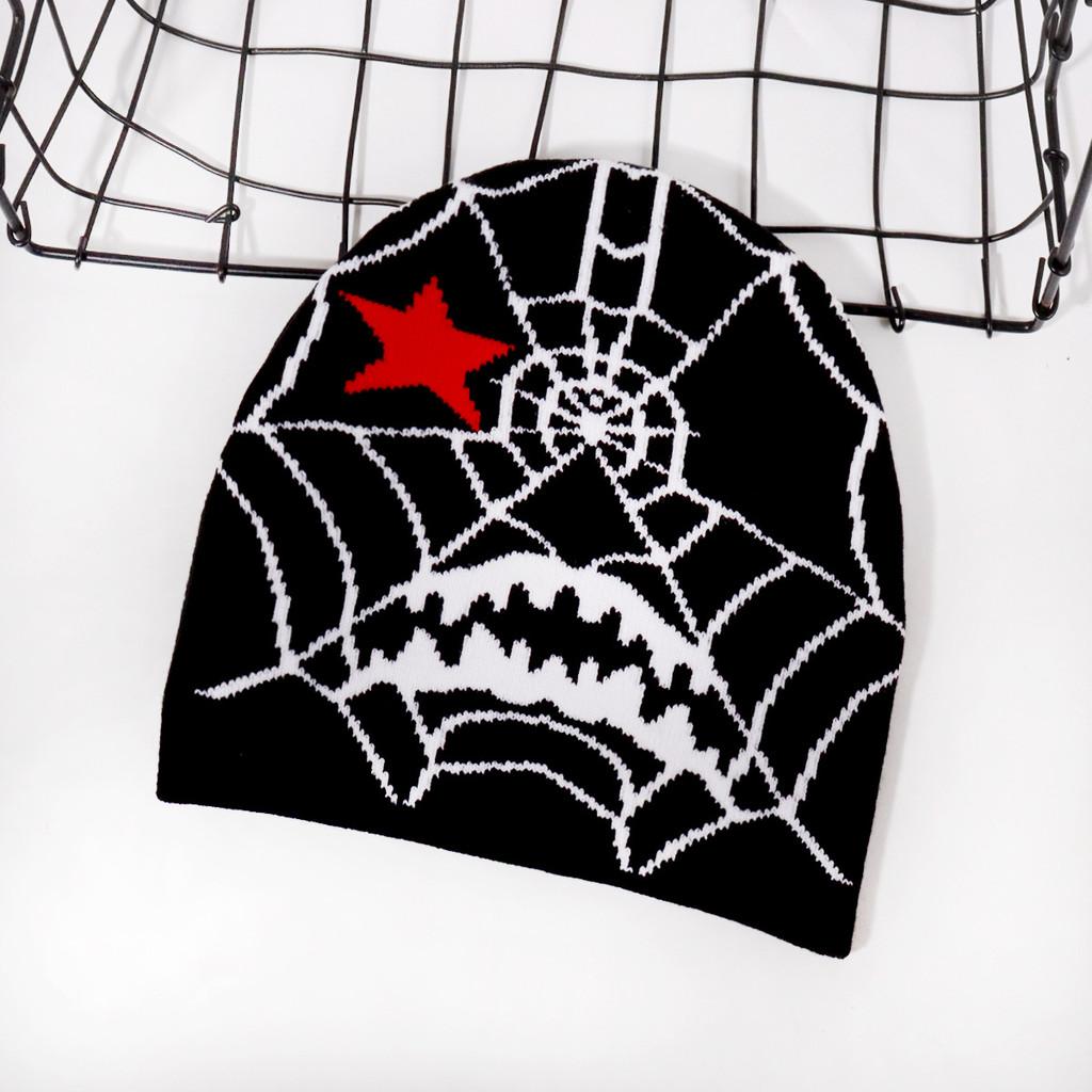 Gothic Style Knit Cap Featuring Spider Web Design For Casual Wear