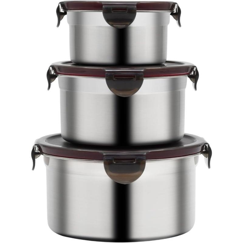 Stainless Steel Food Storage Container Set Sealed Bowl with Cover Round Meal Prep Lunch Bento Box Kitchen Fresh-keeping Bowl