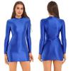 Womens Glossy Long Sleeve Bodycon Dress Nightwear Solid Color Smooth Stretchy Mock Neck Tight Dresses