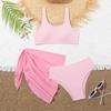 2024 Розовый рубчатый купальник-бикини для девочек, комплект из трех предметов с юбкой из марли