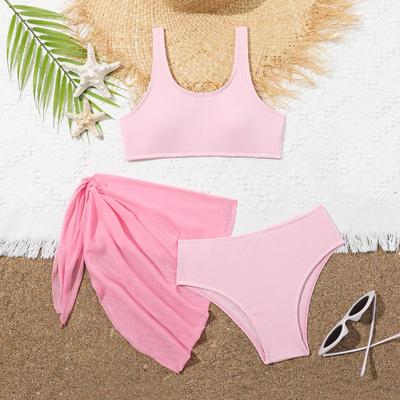2024 Розовый рубчатый купальник-бикини для девочек, комплект из трех предметов с юбкой из марли