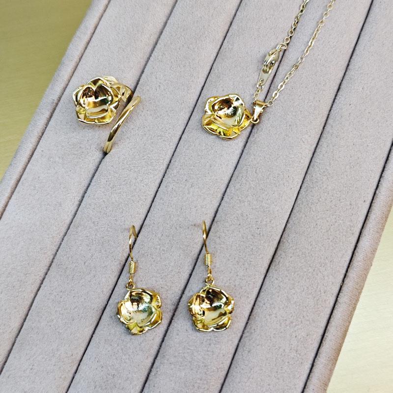 Изысканные цветочные наборы женские ювелирные изделия цвета шампанского золота серьги кольцо кулон цепочка комбинированный комплект
