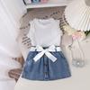 Girls Casual Suit Summer Kids Fashion Sleeveless Crew Neck Vest + Denim Shorts Suit