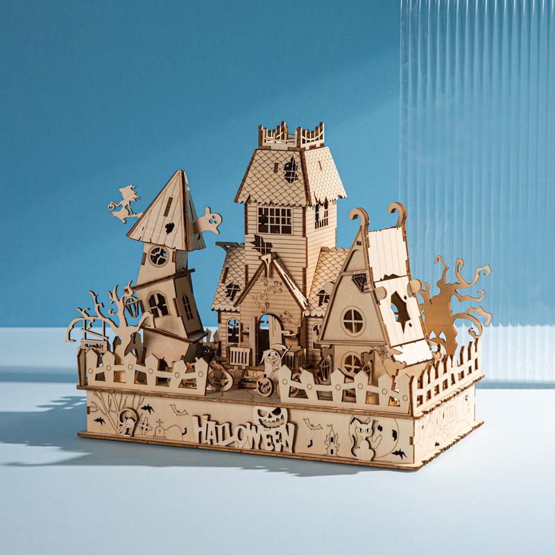 3D Stereo Wooden Halloween House Puzzle - Educational DIY Toy for Kids