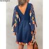 MODIQUE 2025 Summer New Women's Sexy Retro Plants Print Deep V-Neck Backless Short Dress Ladies Casual  X-Line Long Sleeve Dress