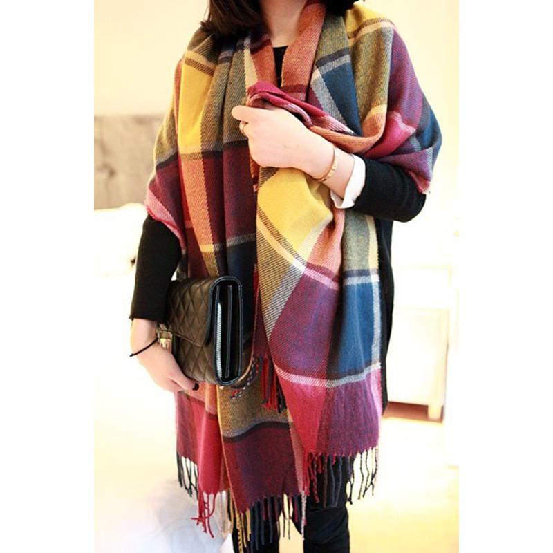 Plaid Scarf Women's Autumn and Winter Campus Style New Tassel Warm Jacquard Couple Color Plaid Shawl