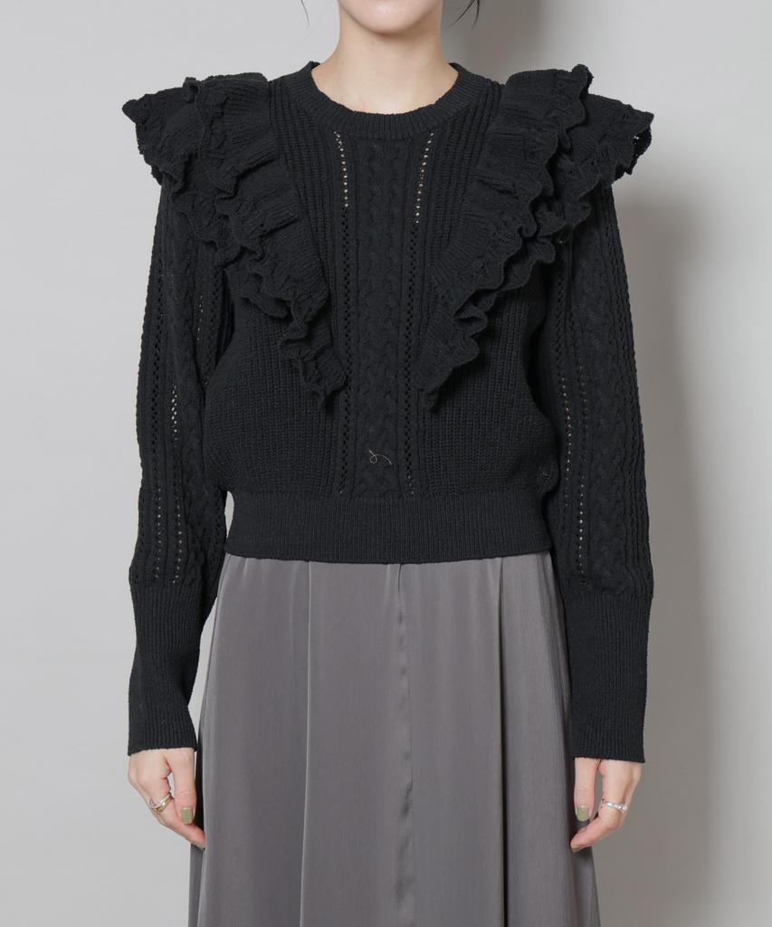 Nano Universe Ruffle Cable Knit F Women's Pullover, 010, Black, 669-5222324