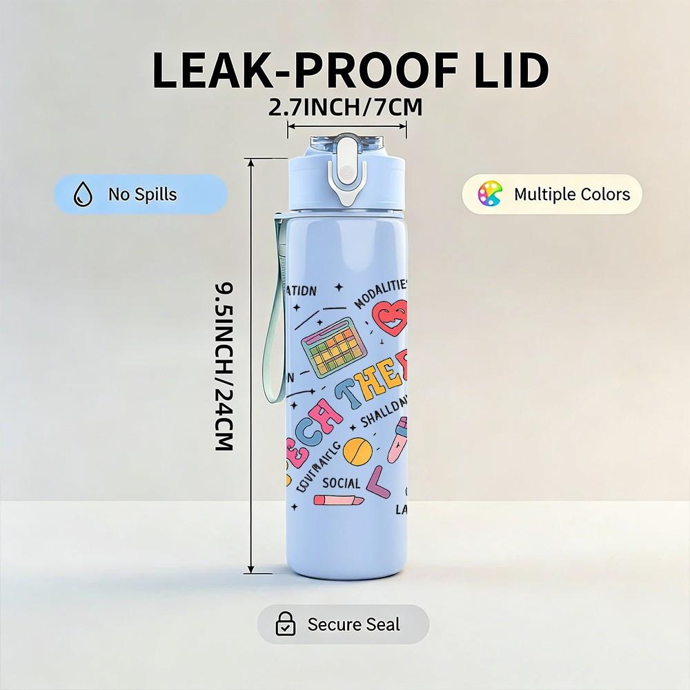 1PC Back To School Stationery Print 750ml Color Plastic Sports Water Bottle Leakproof Flip Straw Lid Suitable for Sports Office Home Use
