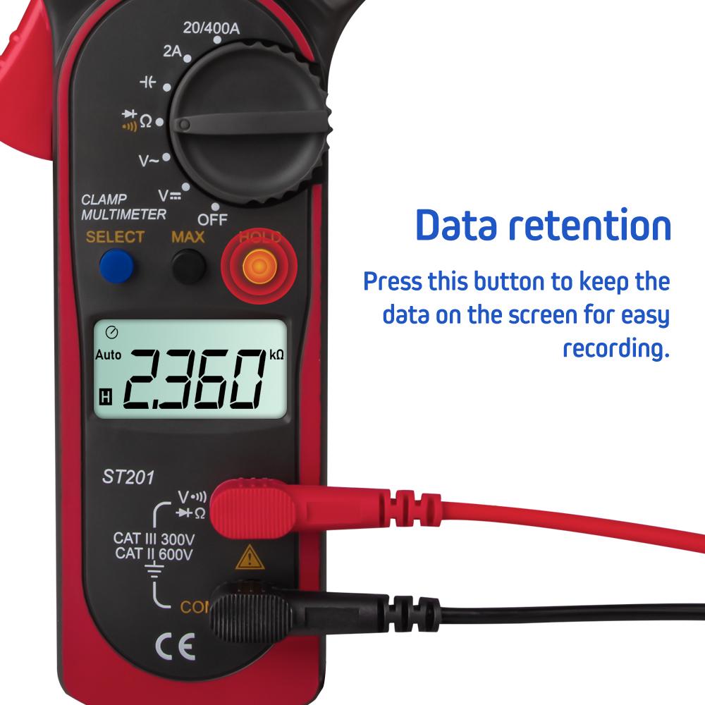 ST201 Digital Clamp Multimeter 4000 Counts Clamp Ammeters Transistor Capacitor Tester Power Test Automotive AC Celsius Voltage Current Tester