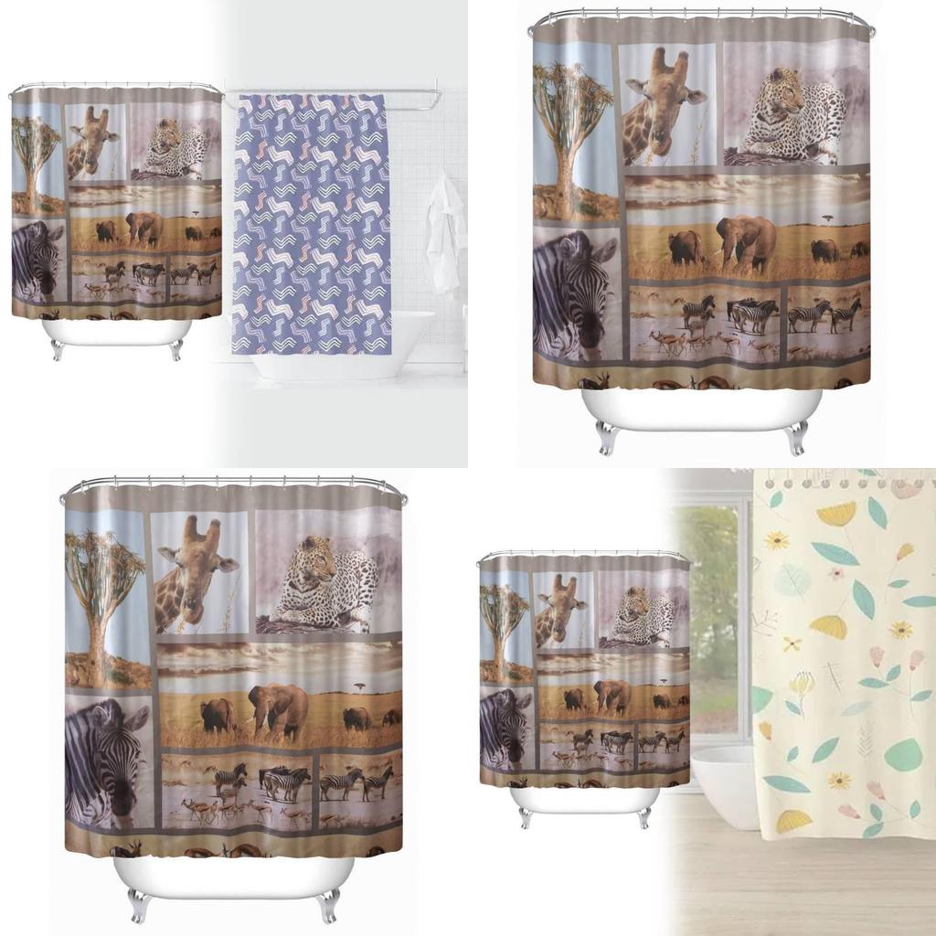 Водонепроницаемая шторка для ванной из ПЭВА с рисунком животных, длинная, жираф, зебра, для декора туалета