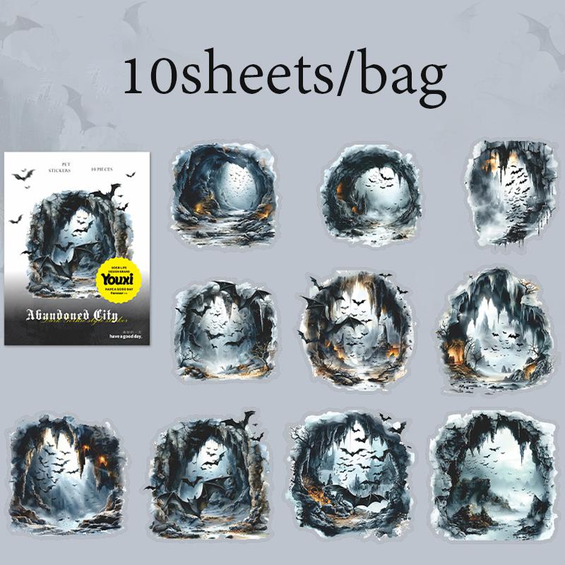 10 Sheets/Bag Gothic Abandoned City Scenery Stickers for Scrapbooking Planner Notebook DIY Phone Case Decoration Office Gift