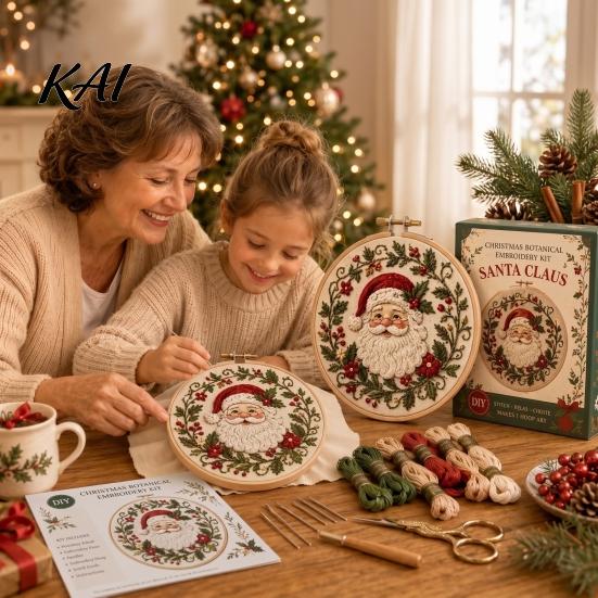 Home Decor Handmade Embroidery Christmas Kit for Beginners, Pre-Printed Pattern Full Set Tree Hanging Ornaments of Tools, DIY Needlework Festive Wall