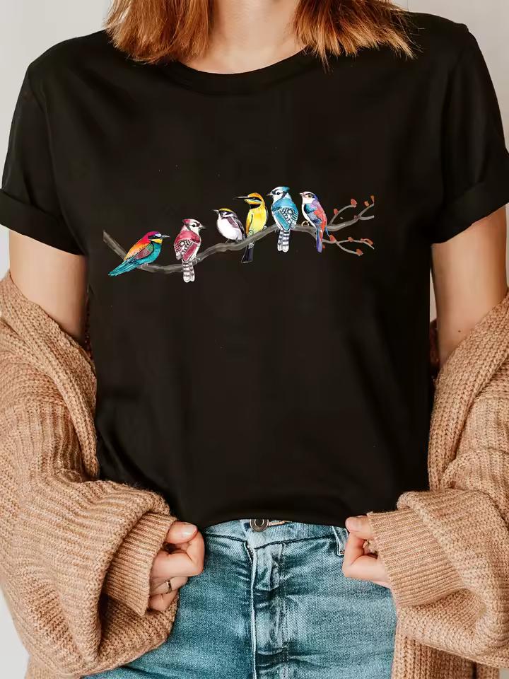Fashion Top Vibrant Birds Print Women's T-shirt Casual Crew Neck Short Sleeve T-Shirt Female Tops Perfect Summer Women Clothing