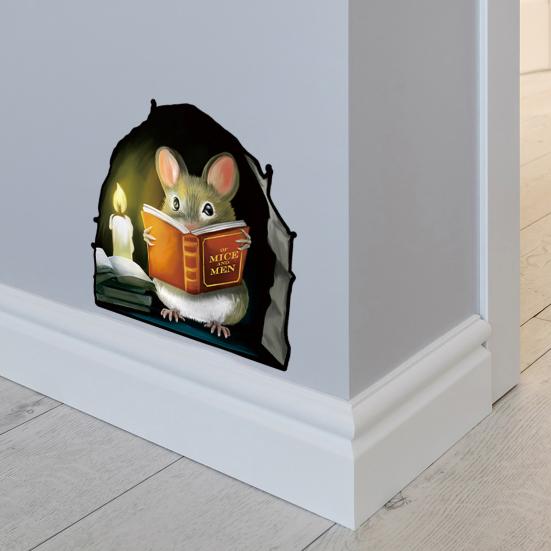 Рождественская наклейка на стену с мышью, мышь для чтения книг, настенная 3D наклейка, забавная очаровательная наклейка на стену, угловая наклейка, детская комната, детская Рождественский декор