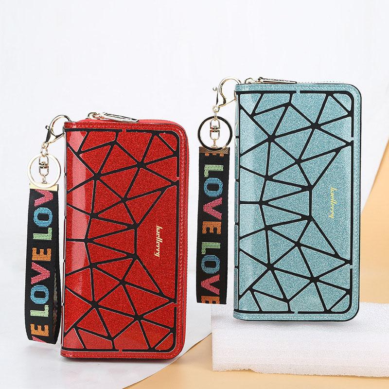 Women's Fashion Shiny Long Wallet with Lanyard Pu Leather Clutch Bag Zipper Cell Phone Bag Ladies Multi-card Coin Purse