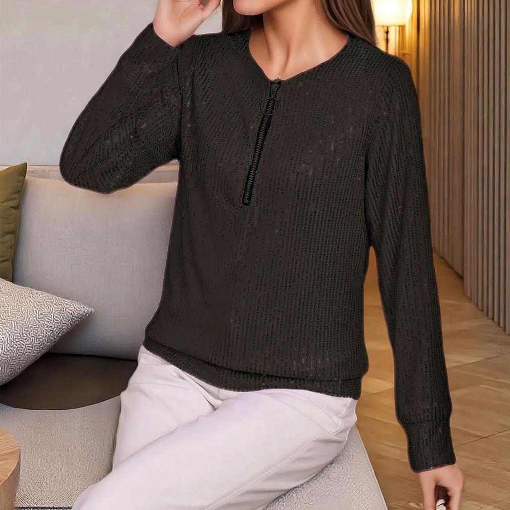 Женская модная и повседневная свободная футболка с круглым вырезом и длинными рукавами однотонного цвета с пайетками