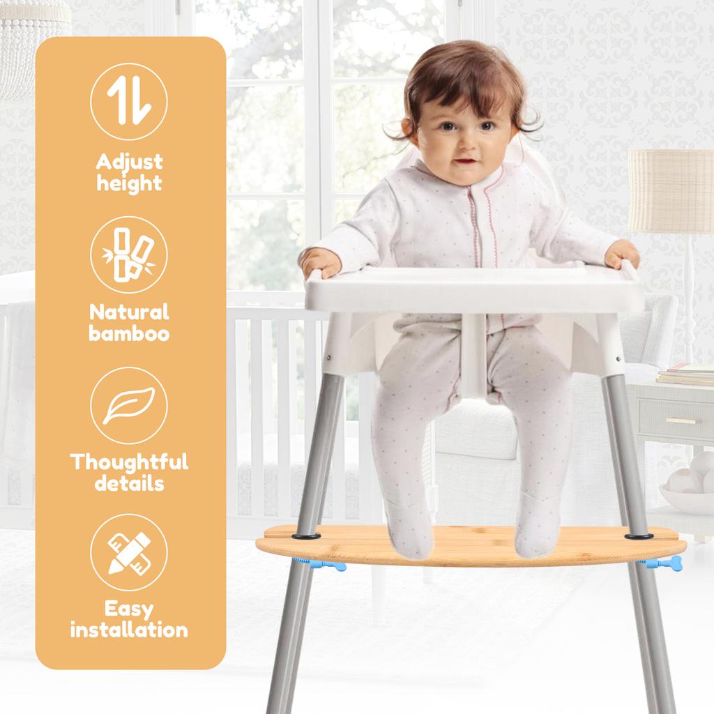 2Pcs Bamboo High Chair Foot Rest Height Adjustable High Chair Footrest with 2 Rubber Rings and Fixing Rings for High Chair