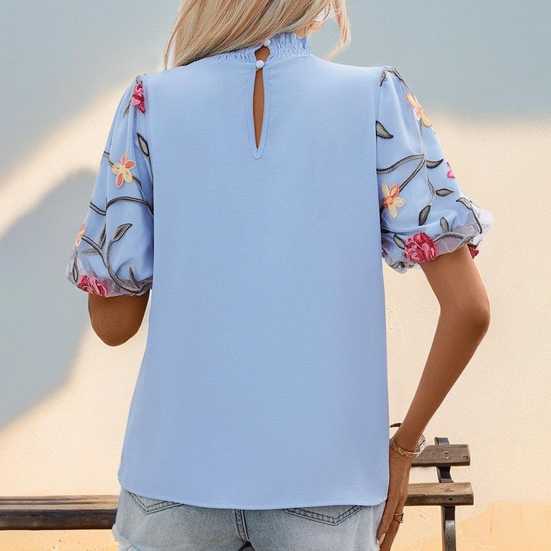 YYFS Women's Fashion Casual Summer Spring Flower Pattern Print Short Sleeve Stand-collar Blouses & Shirts