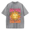 Womens Acid Wash T-Shirts Here Comes The Sun Printing Tees Distressed Oversize Cotton Short Sleeve Trend Female Clothes