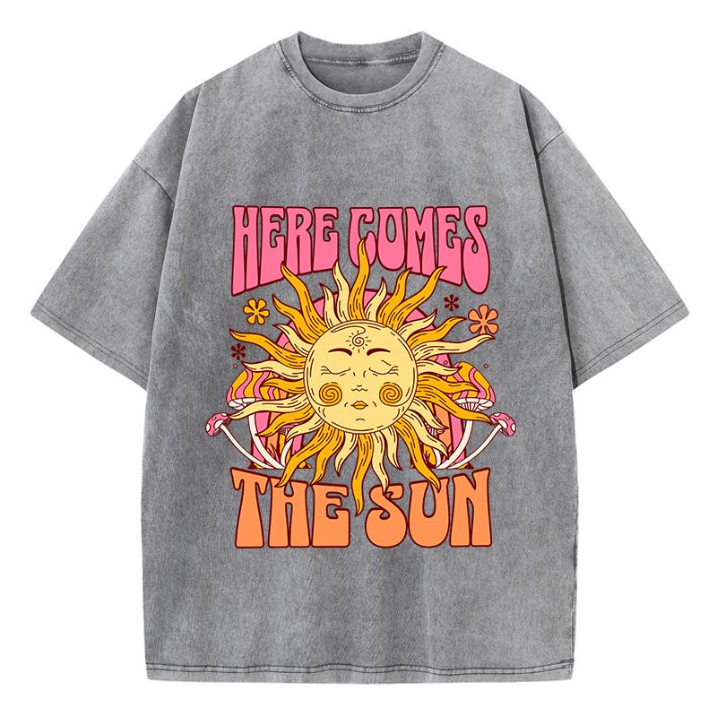 Женские футболки с кислотной стиркой Here Comes The Sun Printing Tees Distressed Oversize Cotton Short Sleeve Trend Female Clothing