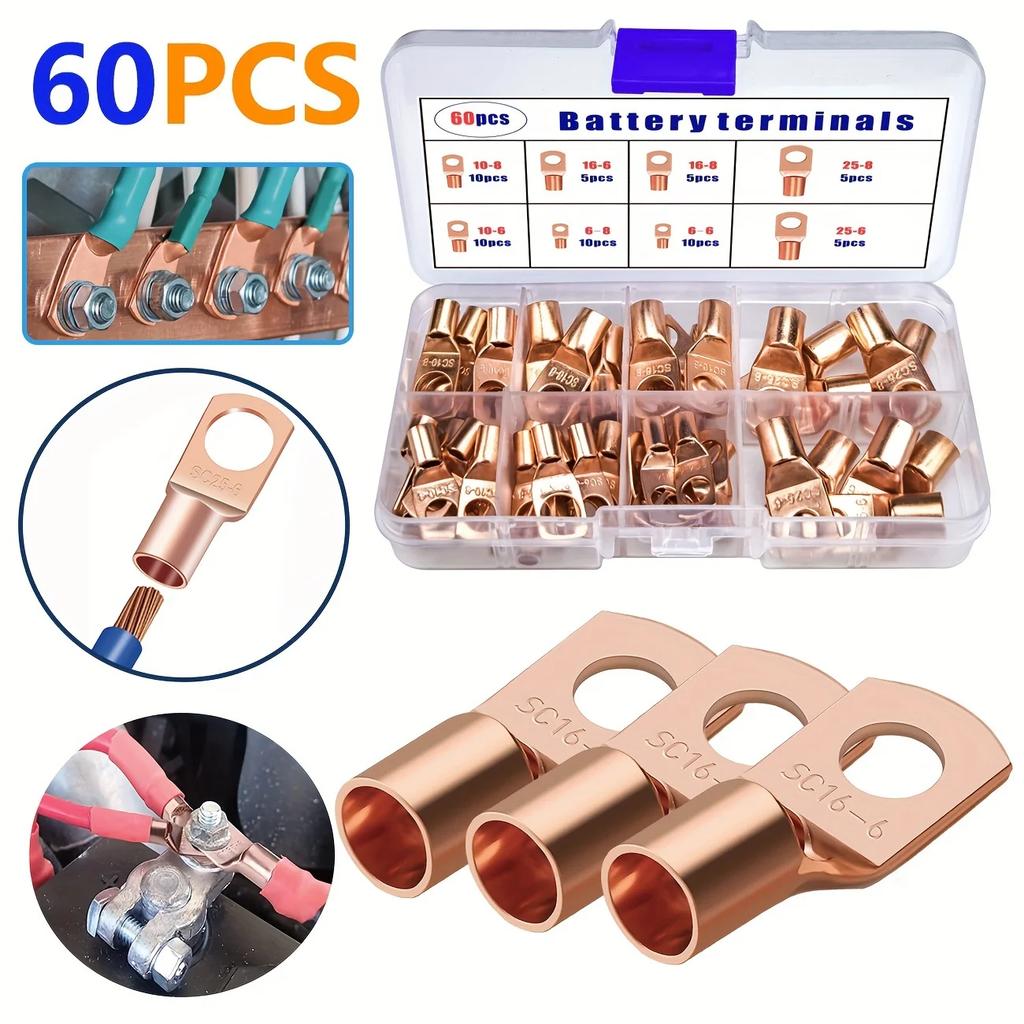 NEW 60pcs Car Copper Battery Cable Lugs Battery Wire Plugs Grommets Ring Terminal Connectors SC Terminals For Automotive Tool