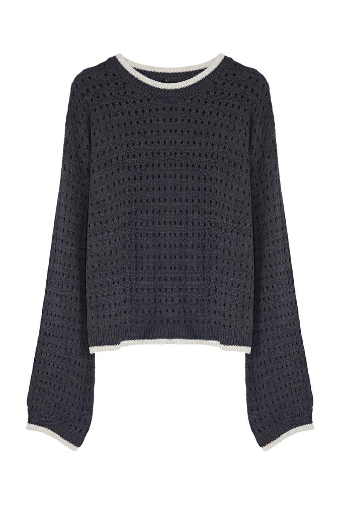 Women's Fashionable Stylish Sweater Ecru Openwork Hole Crew Neck Knitwear Sweater