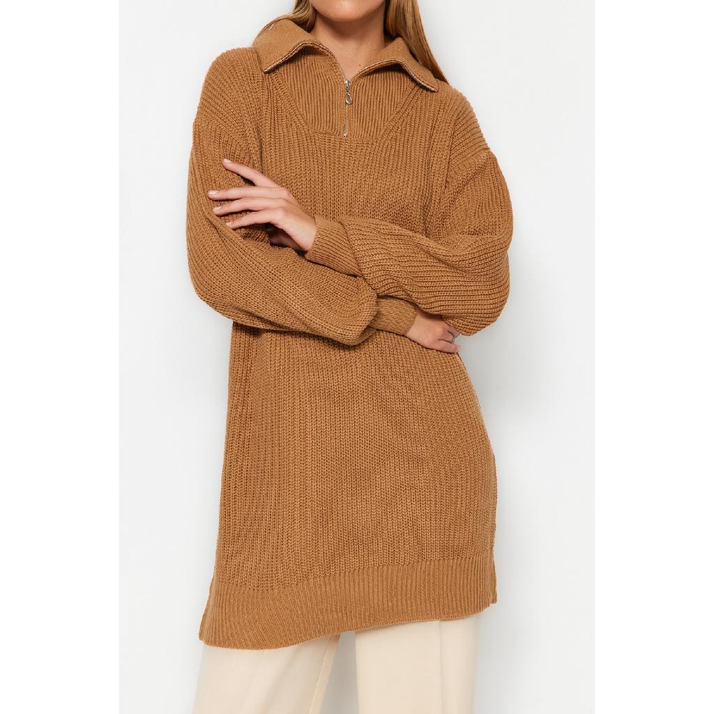 Верблюжий вязаный свитер с застежкой-молнией Tctaw24ak00137