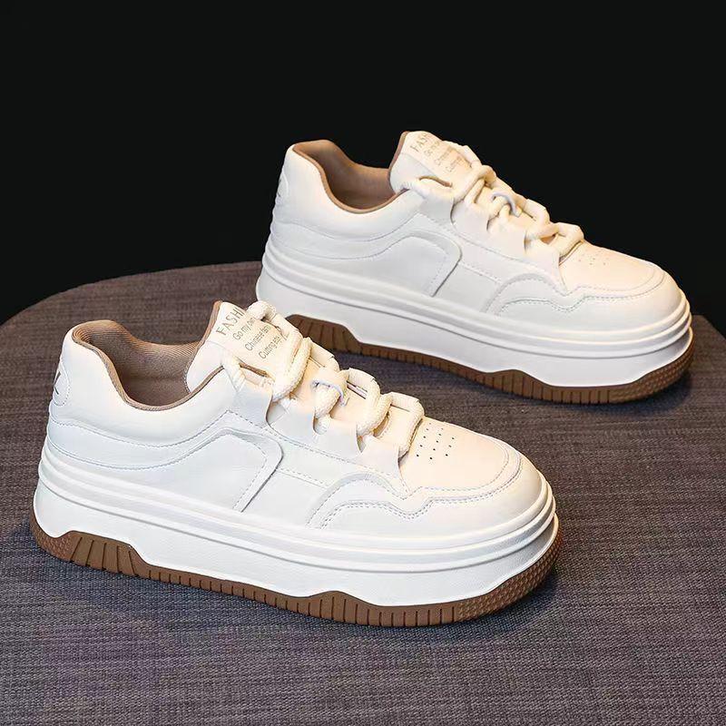 Platform Leather White Shoes Women's New Autumn Fashionable Stylish Height Increasing Leisure Board Shoes Sneaker