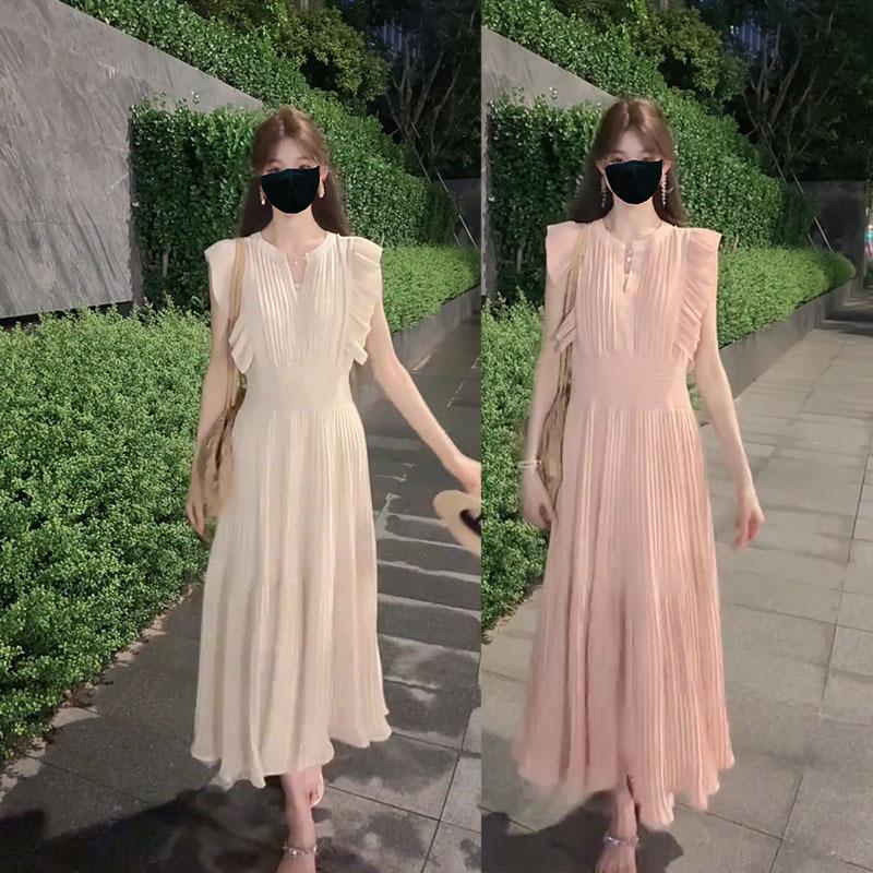 Japanese New Chen Duling Small Fly-Sleeve Floral Pleated Dress for Women, Summer High-Waisted A-Line Casual Long Dress