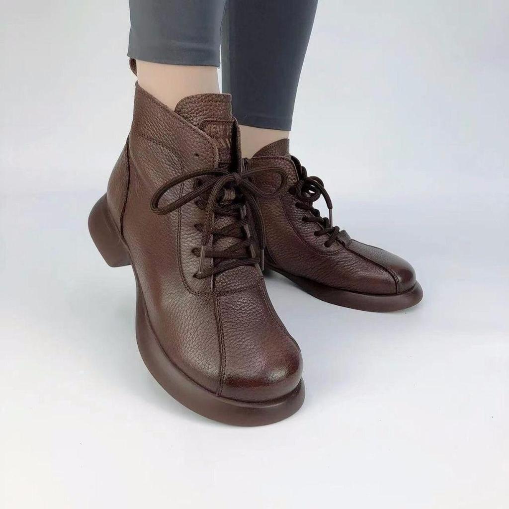 Vintage Short Boots Women's Round Head Thick Bottom Front Lace Up Medium Thick Heel Fashion Solid Color Women's Boots