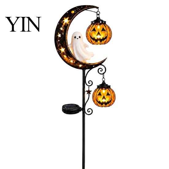Holiday Seasonal Lawn Decor Solar Halloween White Ghost Pumpkin Moon Garden Stake Light, Waterproof LED Creative Gifts for Home Yard Decoration,