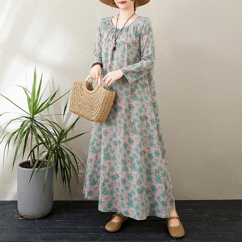 Осеннее литературное свободное платье больших размеров с круглым вырезом и длинными рукавами для весенних женщин в винтажном стиле