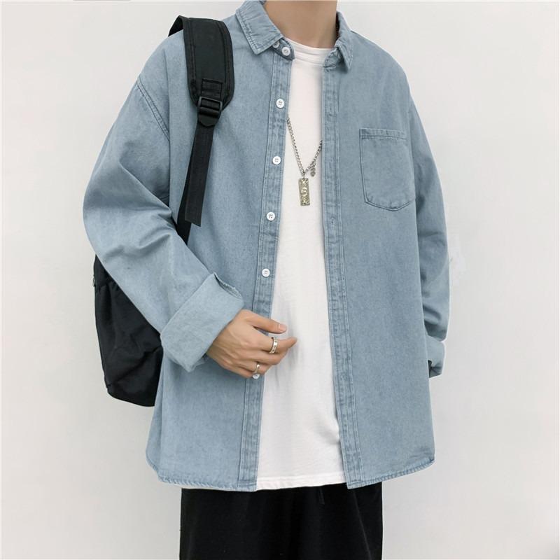 Men's Long Sleeve Harajuku Denim Shirt - Casual Hong Kong Style Loose Fit for Spring and Autumn.