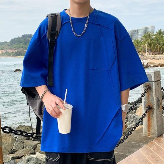 Summer Men Top O Neck Three Quarter Sleeves Chest Pocket Patchwork Loose Plus Size Mid Length Pullover Solid Color Hip Hop Streetwear Daily T-shirt