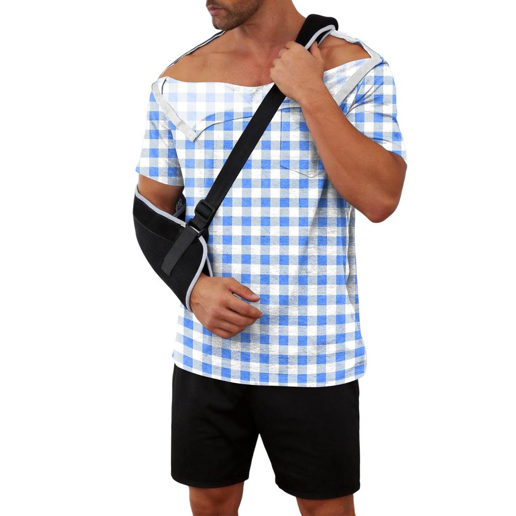 Men Recovery Shirt Full Front Opening Short Sleeve with Side Closures Plaid Print Adaptive Top for Use
