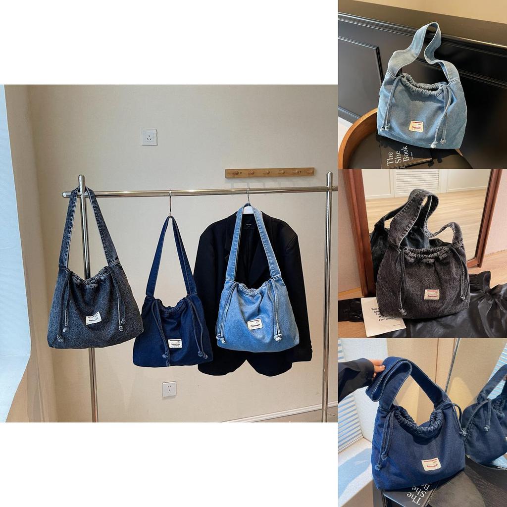 Drawstring Casual Denim Shoulder Bag For Women Soft Material Large Capacity Street Style