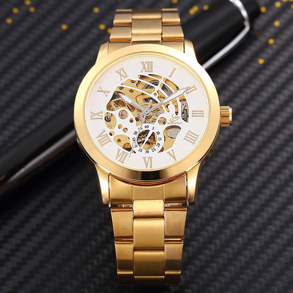 Luxury Gold Mechanical Watch Men Skeleton Watches Stainless Steel Band Automatic Mechanical Wristwatches Men Relogio Masculino